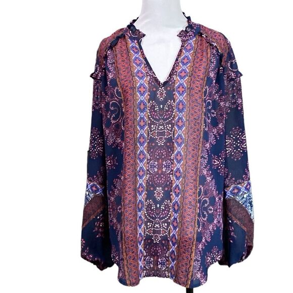 Knox Rose Sheer Ruffle Long Sleeve Blue Pink Boho Blouse - Picture 1 of 12